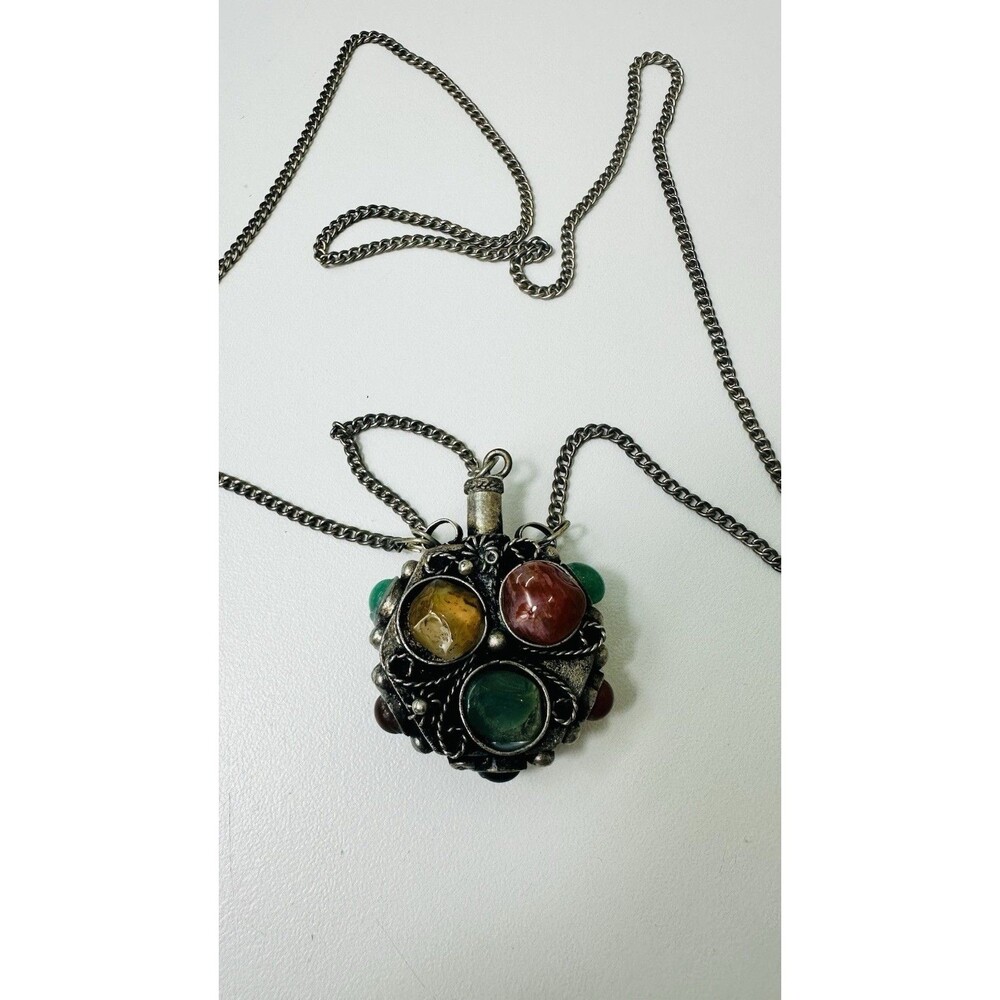 VINTAGE Snuff bottle Perfume Necklace Tibetan natural colored stones Silver Tone